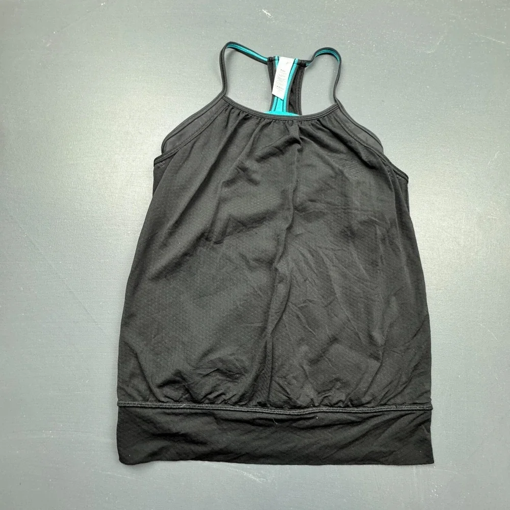 Ivivva Girls Size 12 Black Teal Racerback Tank Built In Bra Athletic Stretch Top
